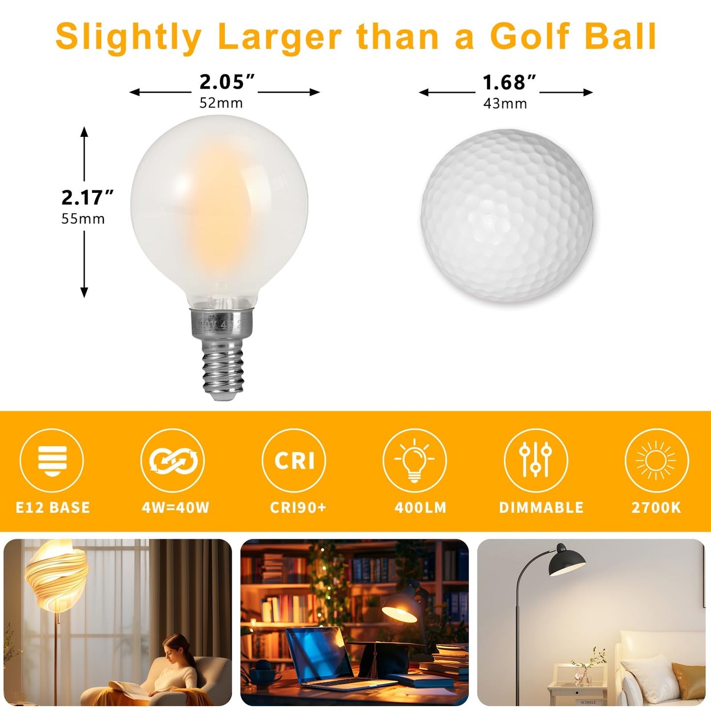 Decoaui E12 G16 LED Globe Light Bulbs, Small Golf-Ball Size Round Bulb, 4W (40W Equivalent) 400 Lumens, 2700K Soft White, Dimmable, Frosted Glass,