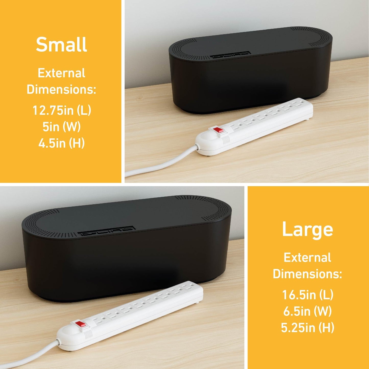 D-Line Cable Management Box, Power Strip Cover, Floor Outlet Hider, Desk Cord Organizer, Hide Extension Leads, 12.75" (L) x 5" (W) x 4.5" (H), for use