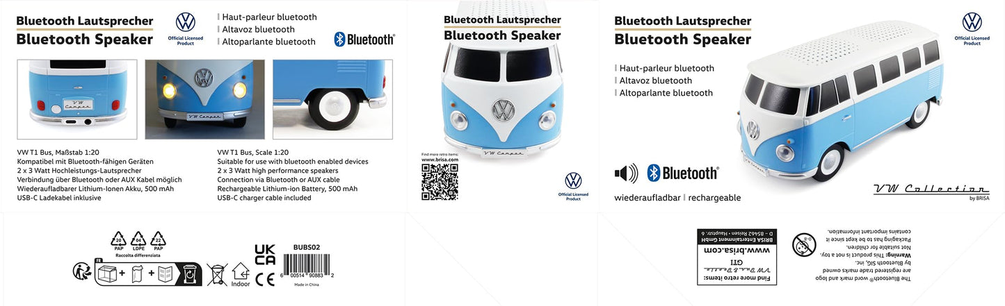 BRISA VW Collection - Volkswagen Portable Bluetooth Speaker Wireless Box with Rechargable Battery T1 Bus Campervan (Scale: 1:20/Classic Bus) (Blue)