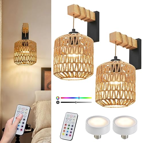 NOVCAND Boho Battery Operated Wall Sconce Set of Two, Rattan Cordless Wall Sconces with Remote,Wireless Sconces Set of 2 for Bedroom,Living