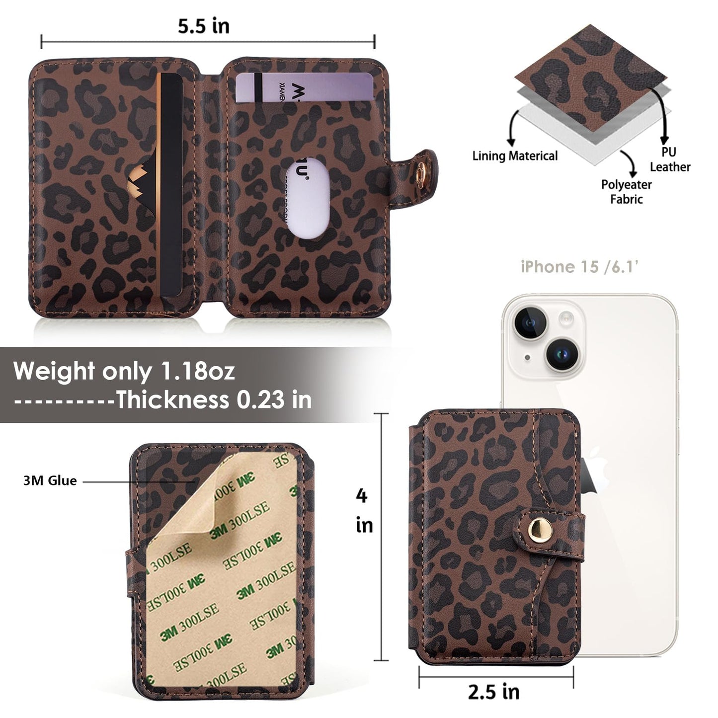M-Plateau Credit Card Holder For Cell PhoneWith Slim Adhesive Card Holder for Phone Case and Most Smartphones (Leopard Print)