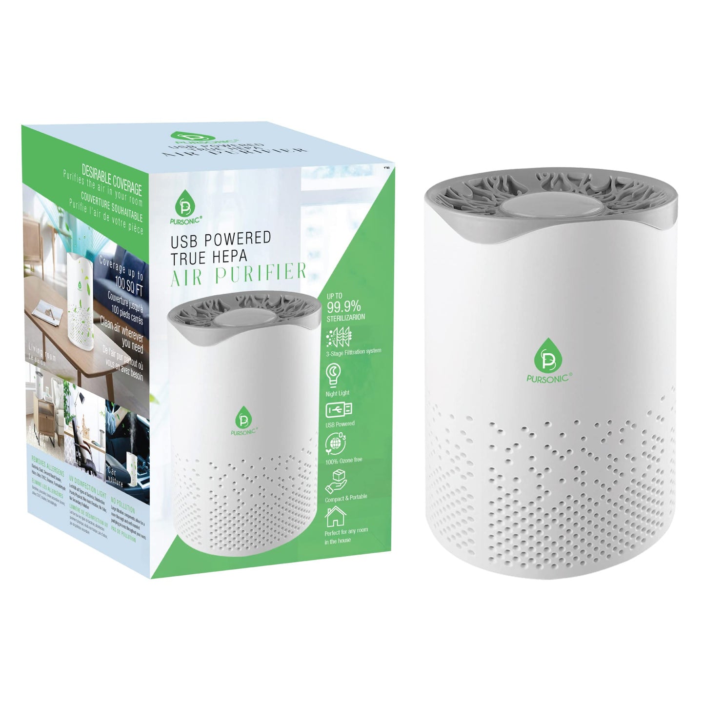 Pursonic USB Powered Air Purifier With Night Light For Home,Office, Car, 100SQ Coverage, Clean Air Wherever You Need, Cleans Second Hand Smoke, Haze