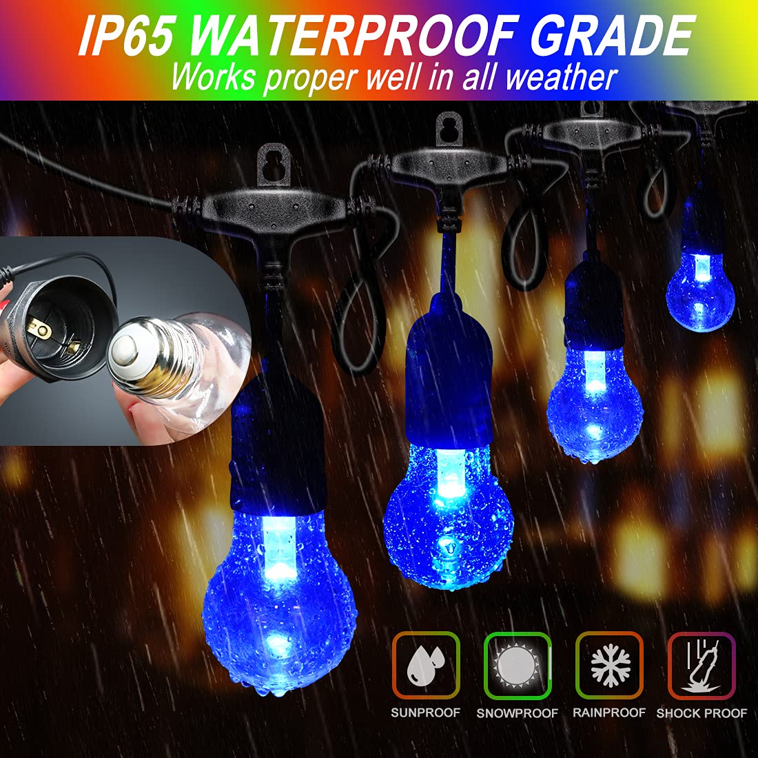 IPStank 48FT Outdoor RGB String Lights, 16 Shatterproof Edison Bulbs, Dimmable Color Changing Patio Lights with Remote Control. Perfect for Bistro