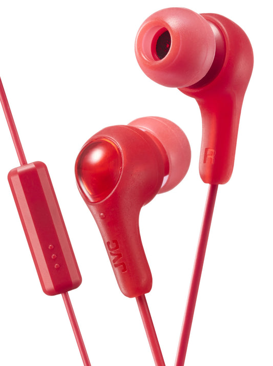 RED GUMY In ear earbuds with stay fit ear tips and MIC. Wired 3.3ft colored cord cable with headphone jack. Small, medium, and large ear tip earpieces