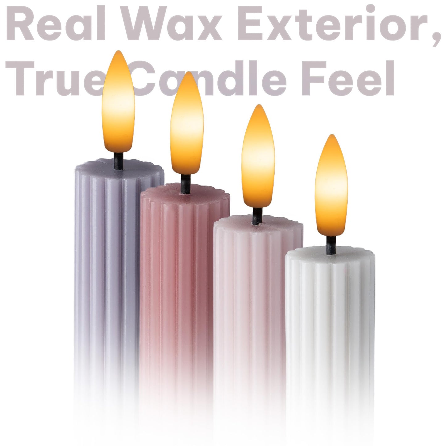 West Ivory Dusty Mauve Coordinated Pinkish Lilac 4 Pack, 10" Real Wax LED Flameless Fluted Ribbed Grooved Taper Candles, Remote & Timer, On/Off