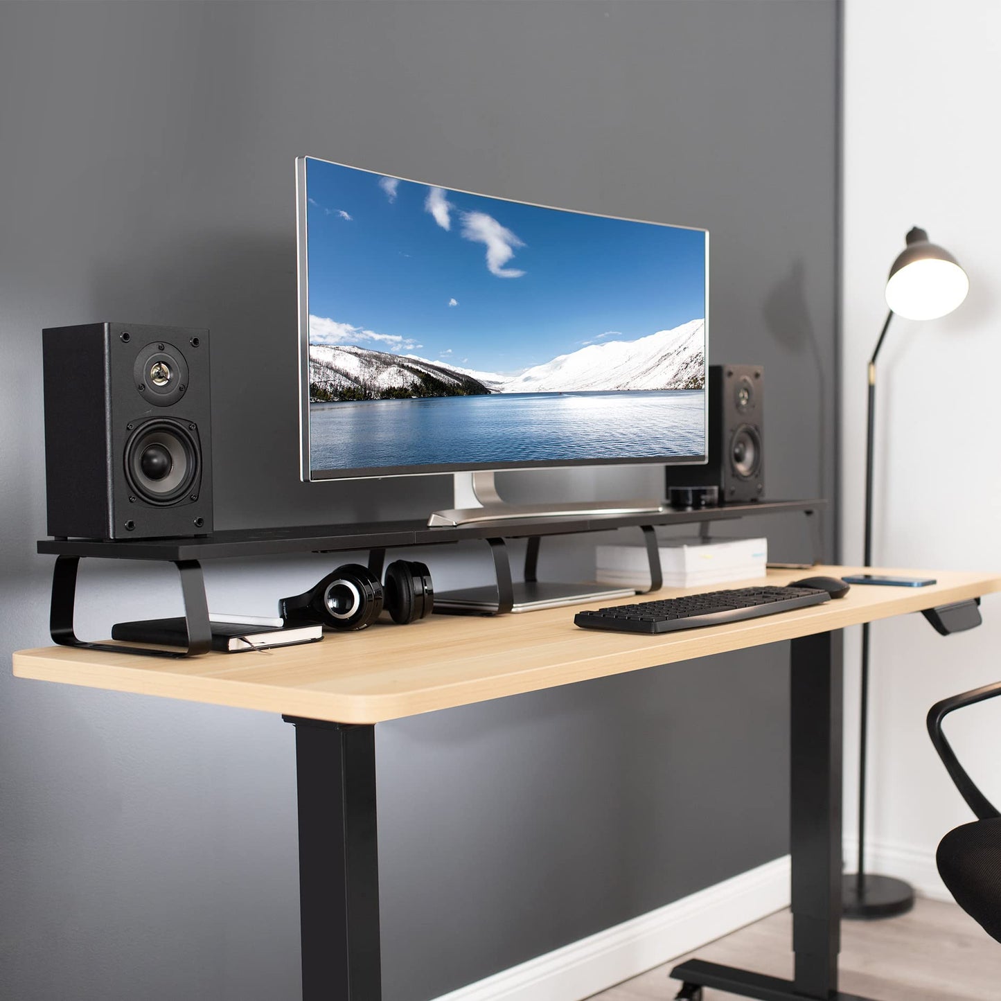 VIVO 55 inch Extra Long Monitor Stand, Wood & Steel Desktop Riser, Multi Screen, TV, Keyboard, Laptop, Ergonomic Desk and Tabletop Organizer, Black
