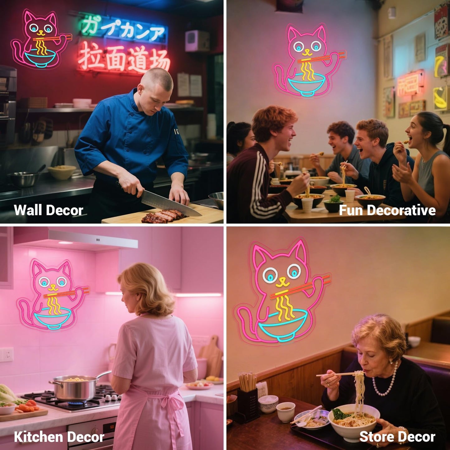 Cat Ramen Neon Sign for Wall Decor, Fun Noodles Pink Led Neon Sign for Living Room Wall Decor, Animal USB Dimmable Powered LED Light for Restaurant