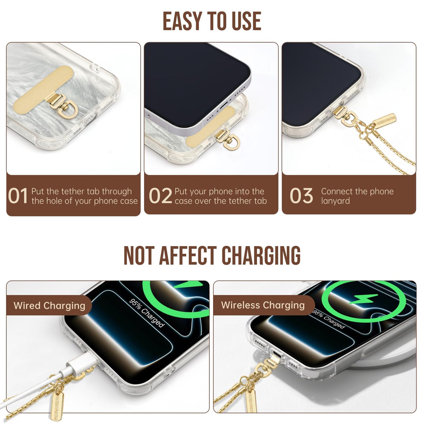 Dadanism Phone Wrist Strap Metal Phone Chain Wristlet Strap, Detachable Cellphone Lanyard Wrist with Tether Tab, Hands-Free Phone Charm for Women
