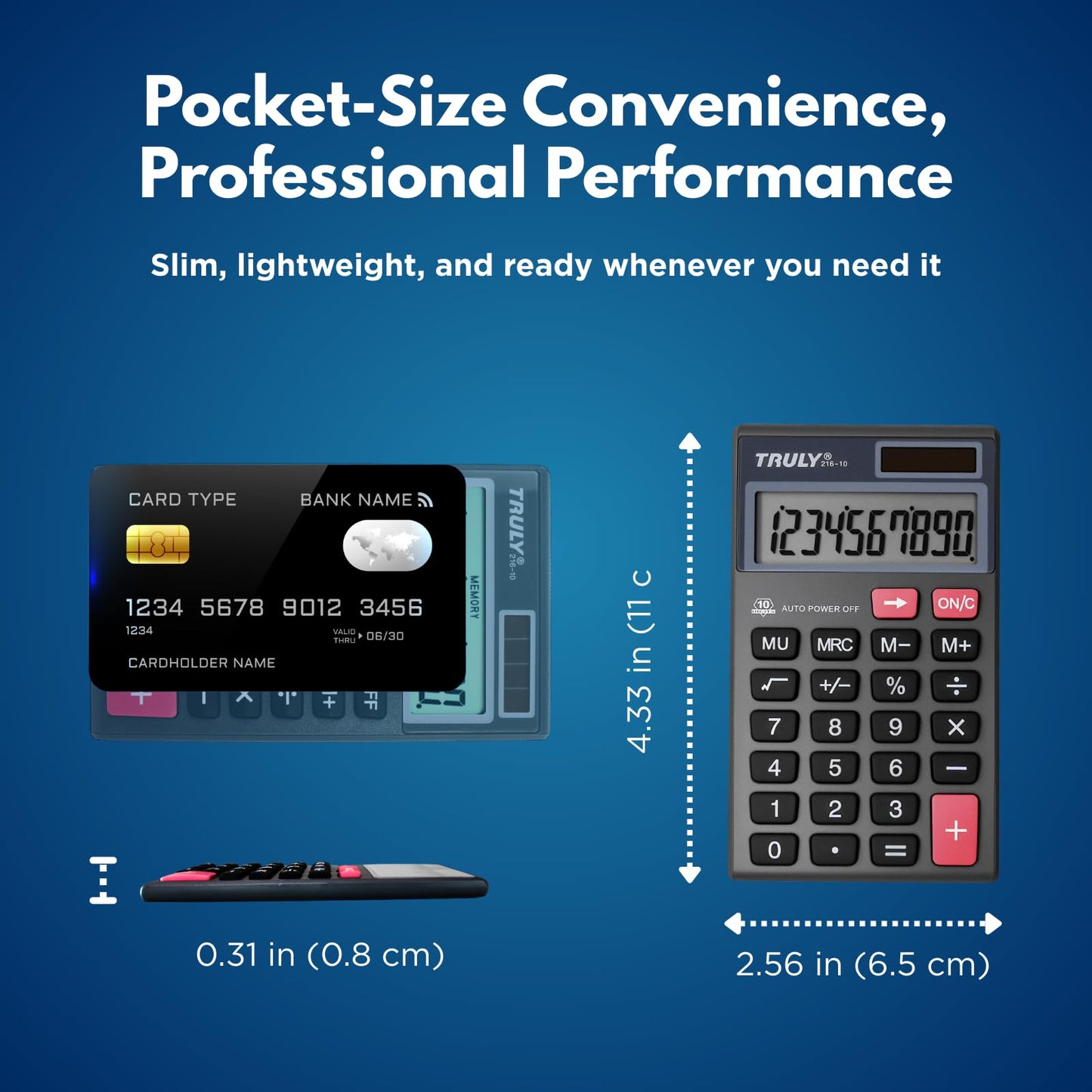 TRULY Pocket Calculator, 10-Digit Solar Calculator with Dual Power, Big Buttons, Auto Power Off, Compact Mini Calculator with PU Leather Case