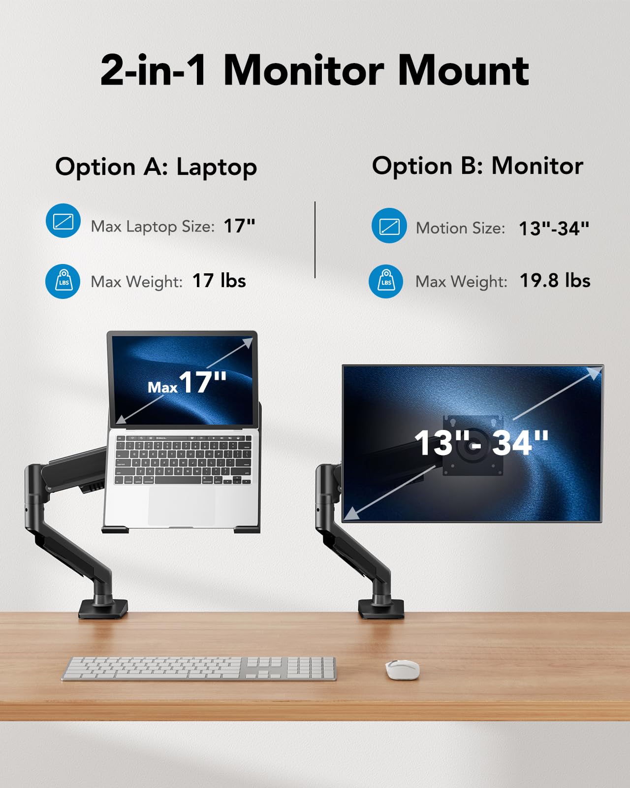 HUANUO 2 in 1 Function Laptop Mount with Tray, Fits 13-34? Monitors & Up to 17? Notebook, Ergonomic Laptop Arm with Full Motion Adjustment, Laptop
