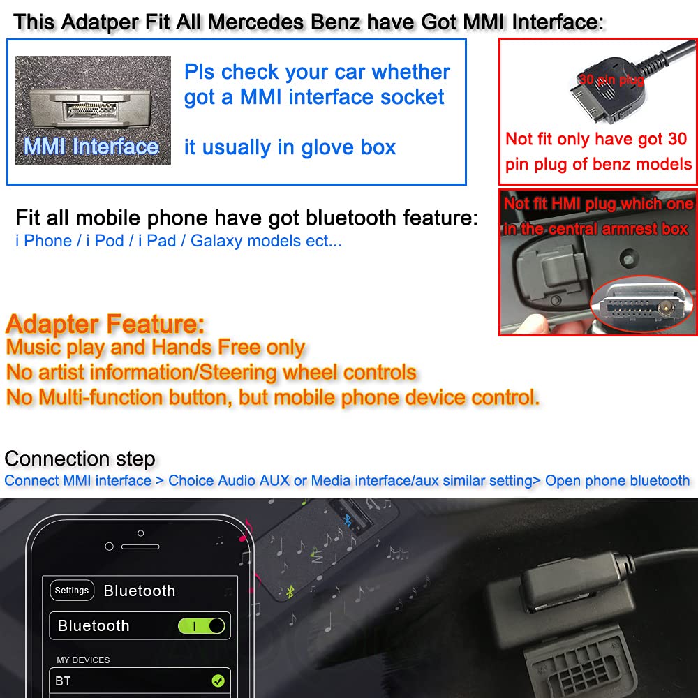Bojer Bluetooth Adapter Compatible with Mercedes Benz Car Apple Android Phone Music MMI Interface Wireless Cable Capable Devices