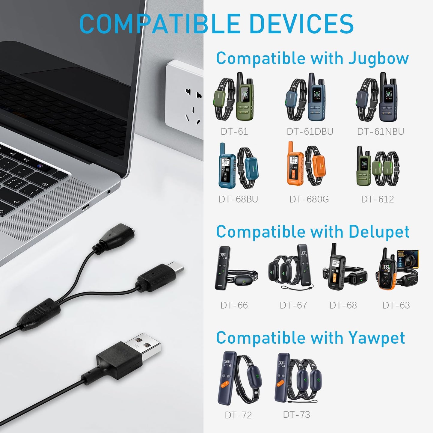 Pack of 2 Charger Cord Replacement for Jugbow/Delupet/Yawpet Training Collar, 2-in-1 USB C and Magnetic Bark Collar Charging Cable