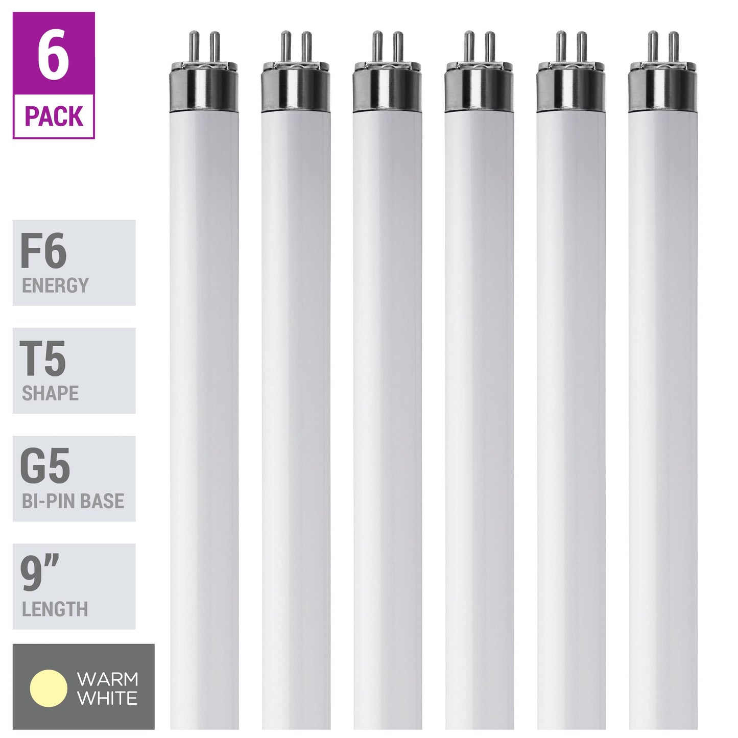 KOR F6T5/WW T5 Fluorescent Tube Bulbs, 6W 9", 3000K Warm White, 6-Pack