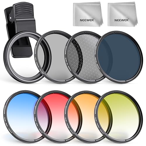 NEEWER 52mm 7 Pack ND Filter Set Compatible with iPhone, Clip On CPL+ ND32 + Starlight + GND (Red/Orange/Yellow/Blue) Phone Camera Lens Photography