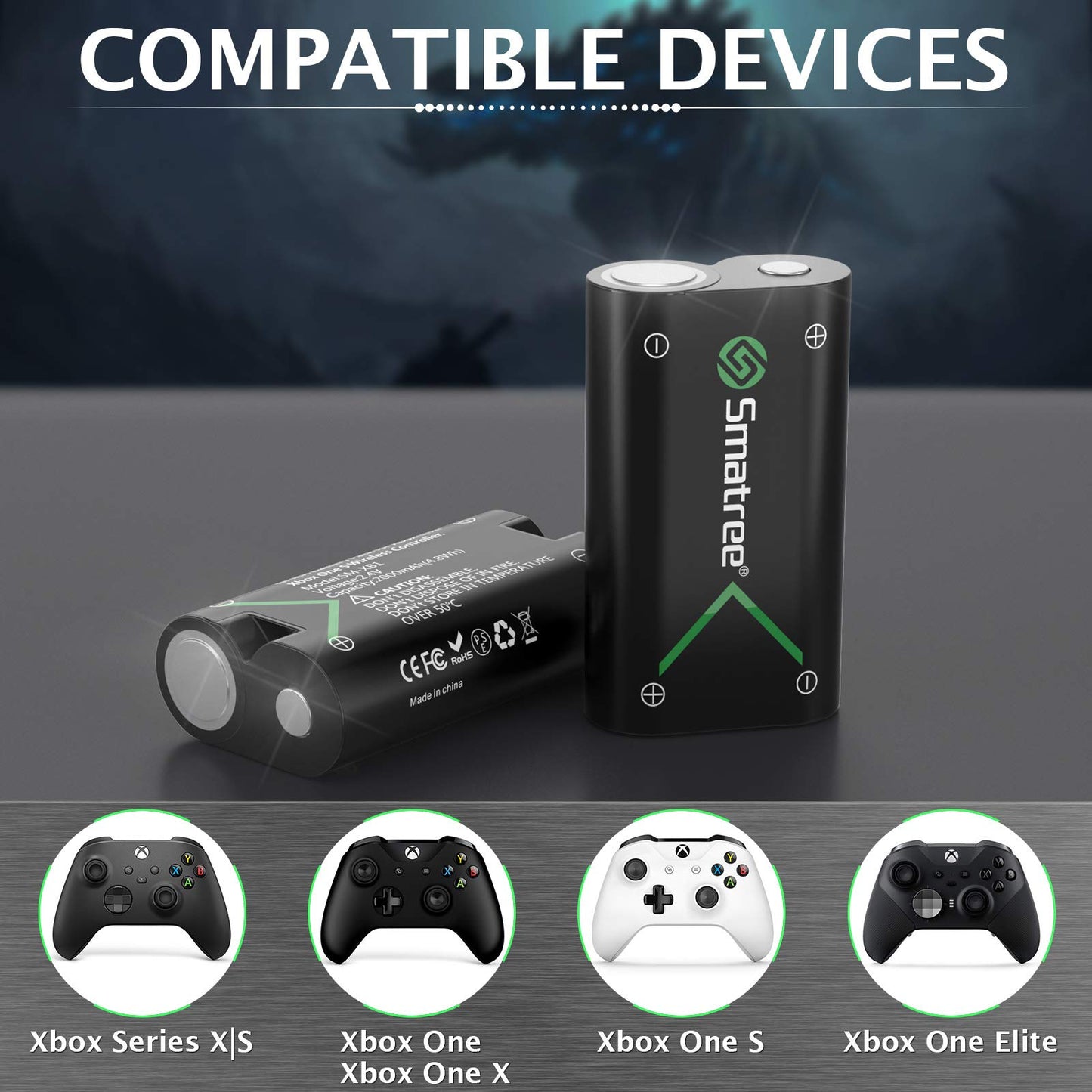 Smatree Controller Battery Compatible for Xbox Series X|S/Xbox One/Xbox One S/Xbox One X/Xbox One Elite Wireless Controller, 2 Pack Rechargeable