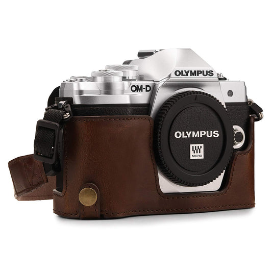 MegaGear MG1351 Olympus OM-D E-M10 Mark III Ever Ready Leather Camera Half Case and Strap, with Battery Access, Dark Brown