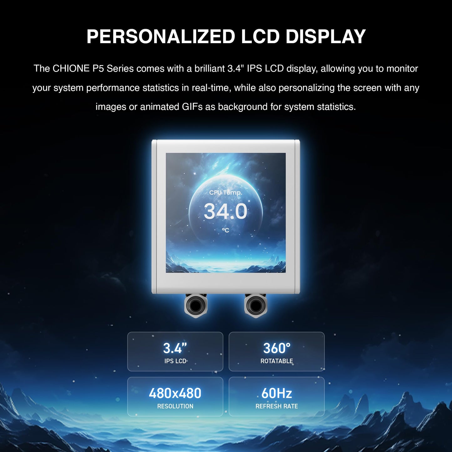 GAMDIAS CHIONE P5-360 Liquid CPU Cooler, 360mm AIO w/Customizable 3.4'' IPS LCD, Rotatable Magnetic Pump, Hidden Cable Fan (Daisy-Chained), Support