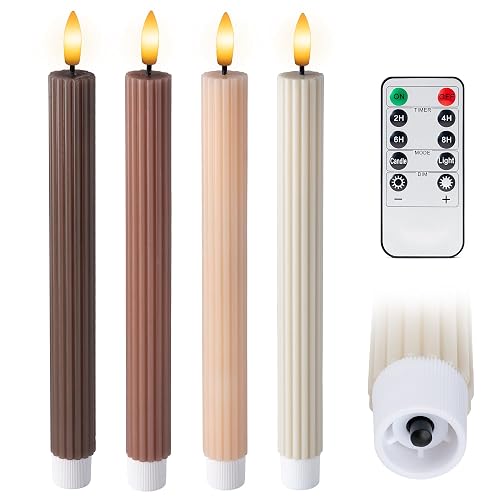 WYZworks Coordinated Chocolatey Mocha Brown 4 Pack, 10" Real Wax LED Flameless Fluted Ribbed Grooved Taper Candles, Remote & Timer Memory, On/Off
