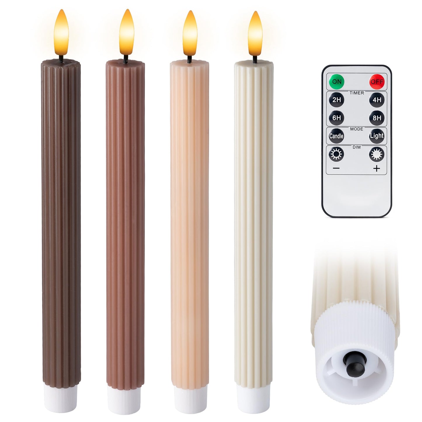 WYZworks Coordinated Chocolatey Mocha Brown 4 Pack, 10" Real Wax LED Flameless Fluted Ribbed Grooved Taper Candles, Remote & Timer Memory, On/Off