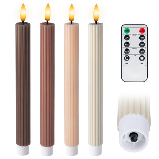 WYZworks Coordinated Chocolatey Mocha Brown 4 Pack, 10" Real Wax LED Flameless Fluted Ribbed Grooved Taper Candles, Remote & Timer Memory, On/Off