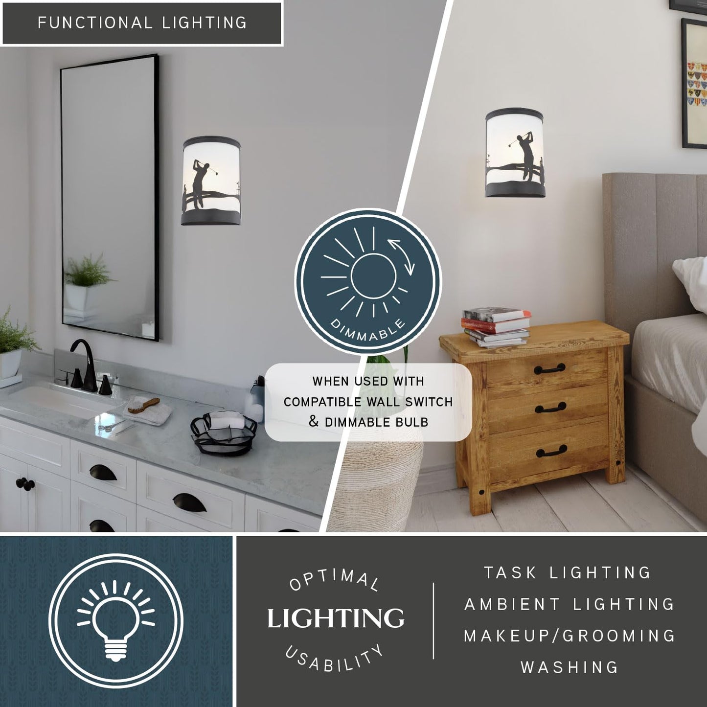 VAXCEL Links 1-Light 8 in. Wide Black Indoor-Outdoor Flush Mount Wall Sconce with Metal Golfer Cutout and Frosted White Glass Shade, Dimmable, LED