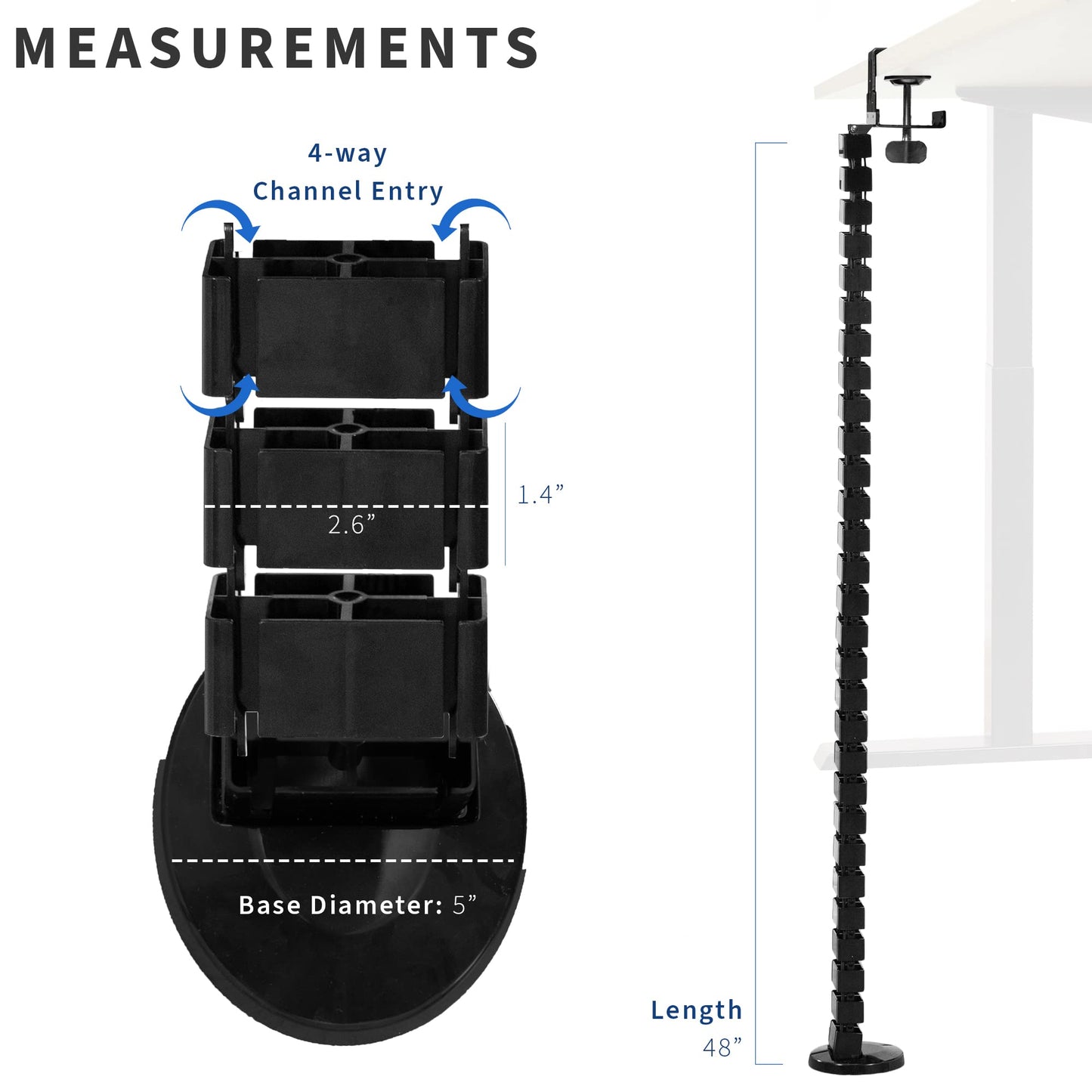 VIVO No Drill Clamp-on Desk Vertebrae Cable Management Kit, Adjustable Quad Entry Flexible Cord Organizer for Home Office, Black, DESK-AC01P-B