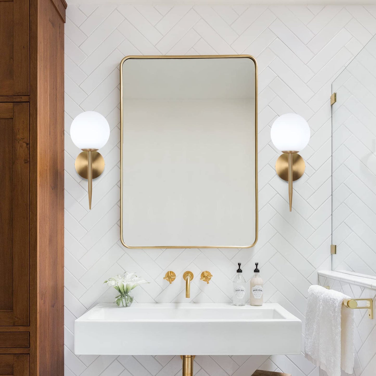 SeeU Brass Wall Sconces Mid Century Style Set of 2,Gold Wall Lamp Fixture,Vanity Light Fixture Wall Lamp with Milky Frosted Globe