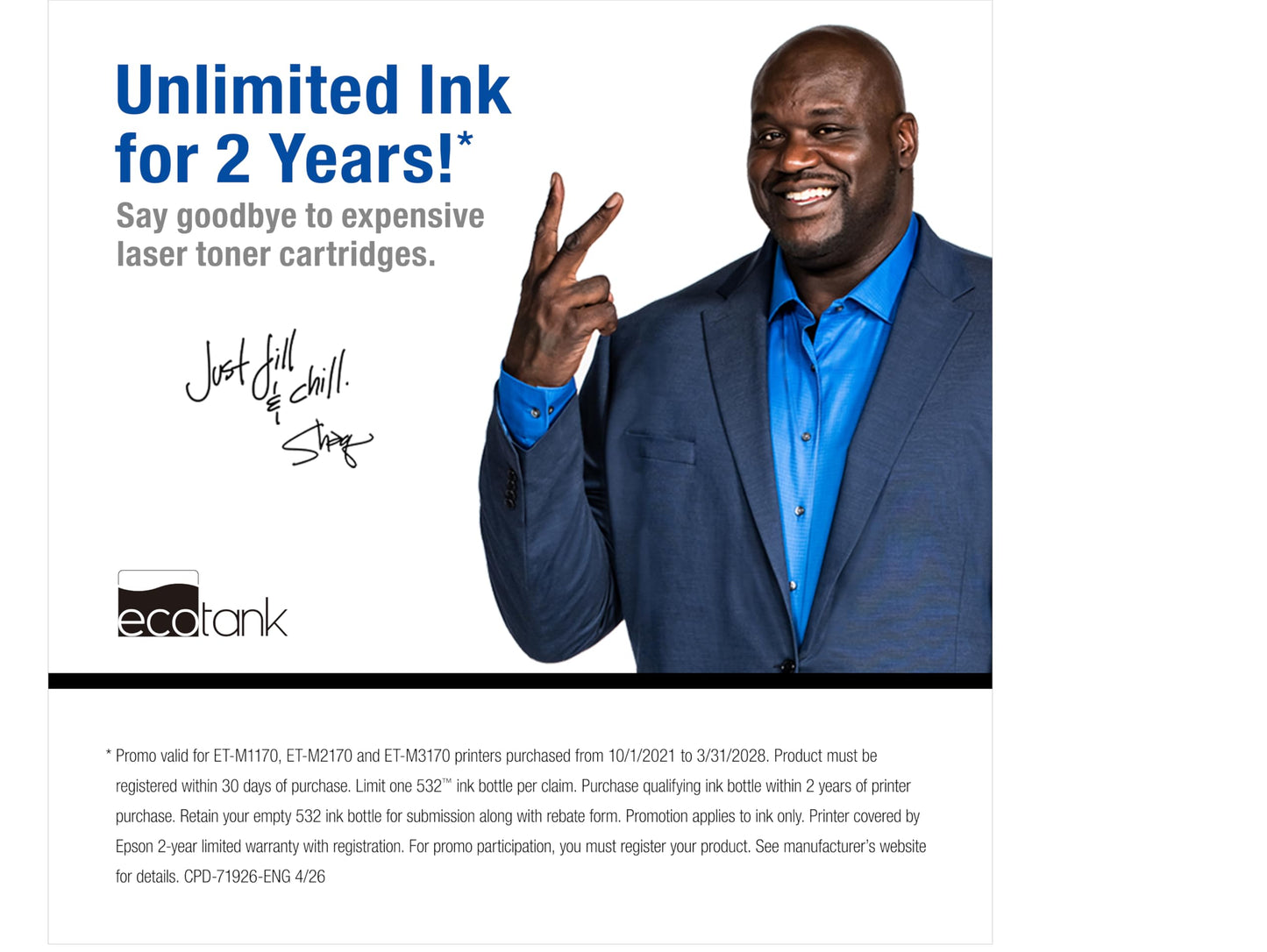 Epson EcoTank ET-M1170 Wireless Monochrome Supertank Printer with Ethernet PLUS 2 Years of Unlimited Ink*,White