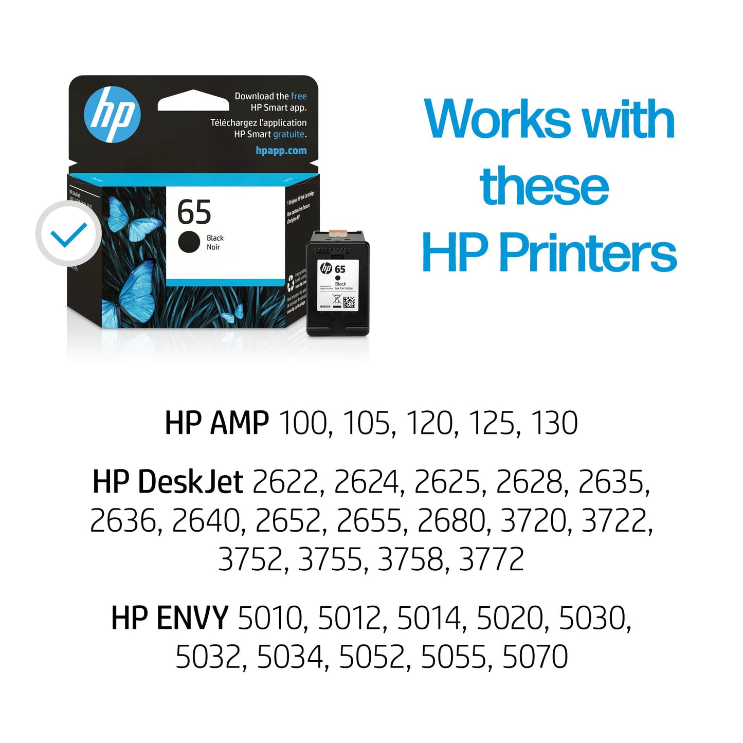 HP 65 Black Ink Cartridge | Works with AMP 100, DeskJet 2600, 3700; Envy 5000 | Eligible for Instant Ink | N9K02AN