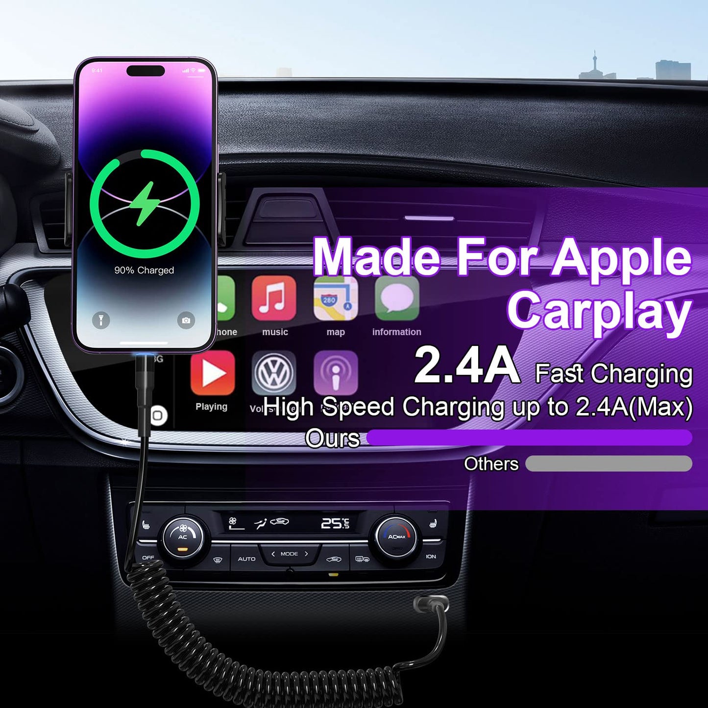 Coiled Lightning Cable Apple Carplay Compatible [Apple MFi Certified] Retractable iPhone Charger with Data Sync and LED, Short iPhone Charger Car…