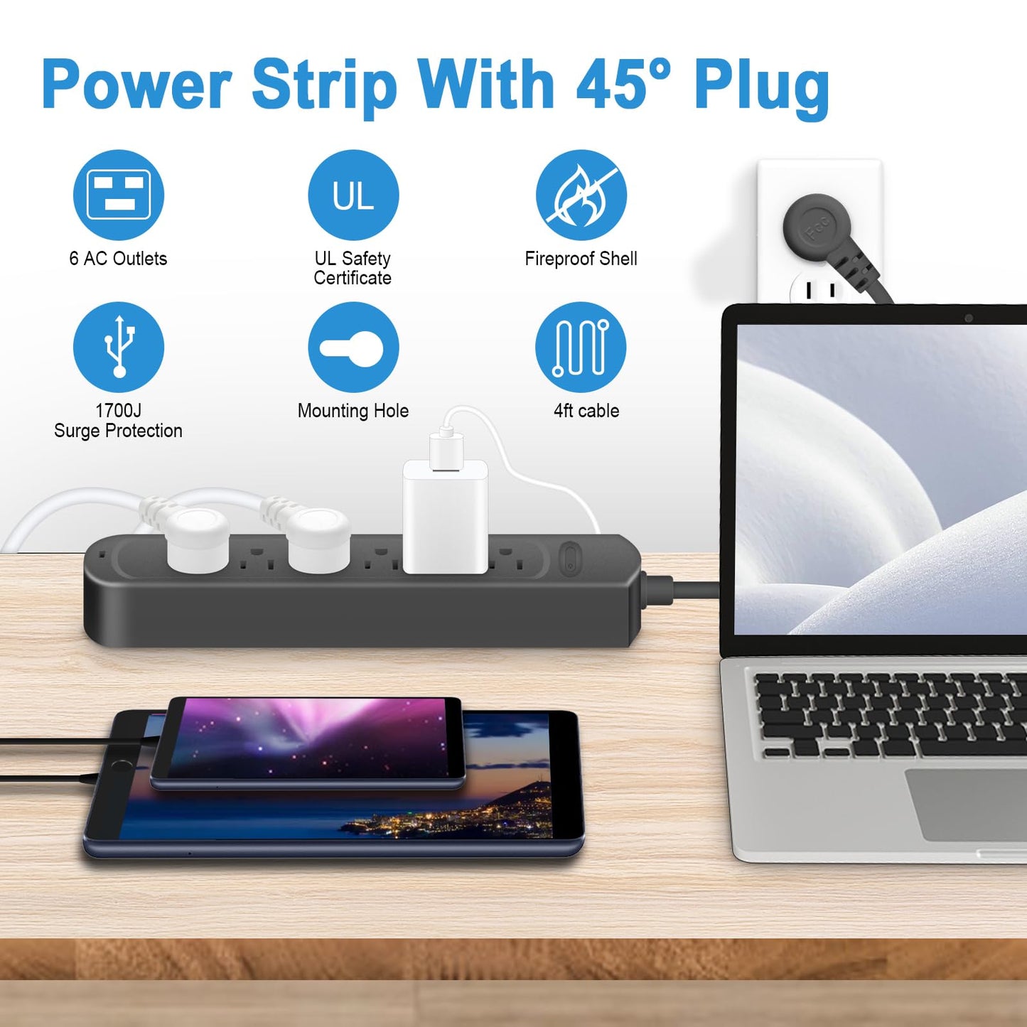 Power Strip Surge Protector Socket, 6 Outlets for Multiple Devices, 10Ft Flat Plug Heavy Duty Extension Cord, Power Delivery Charging Power Strip