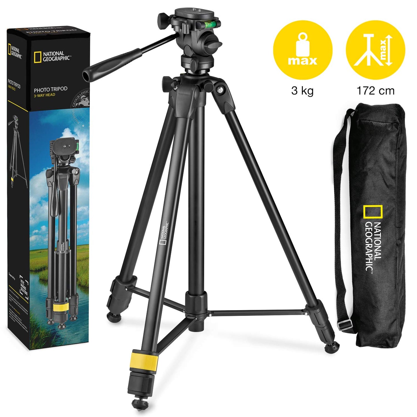 NATIONAL GEOGRAPHIC Photo Tripod Kit with Monopod, Carrying Bag, 3-Way Head, Quick Release, 3-Section Legs Lever Locks, Geared Centre Column, Load up
