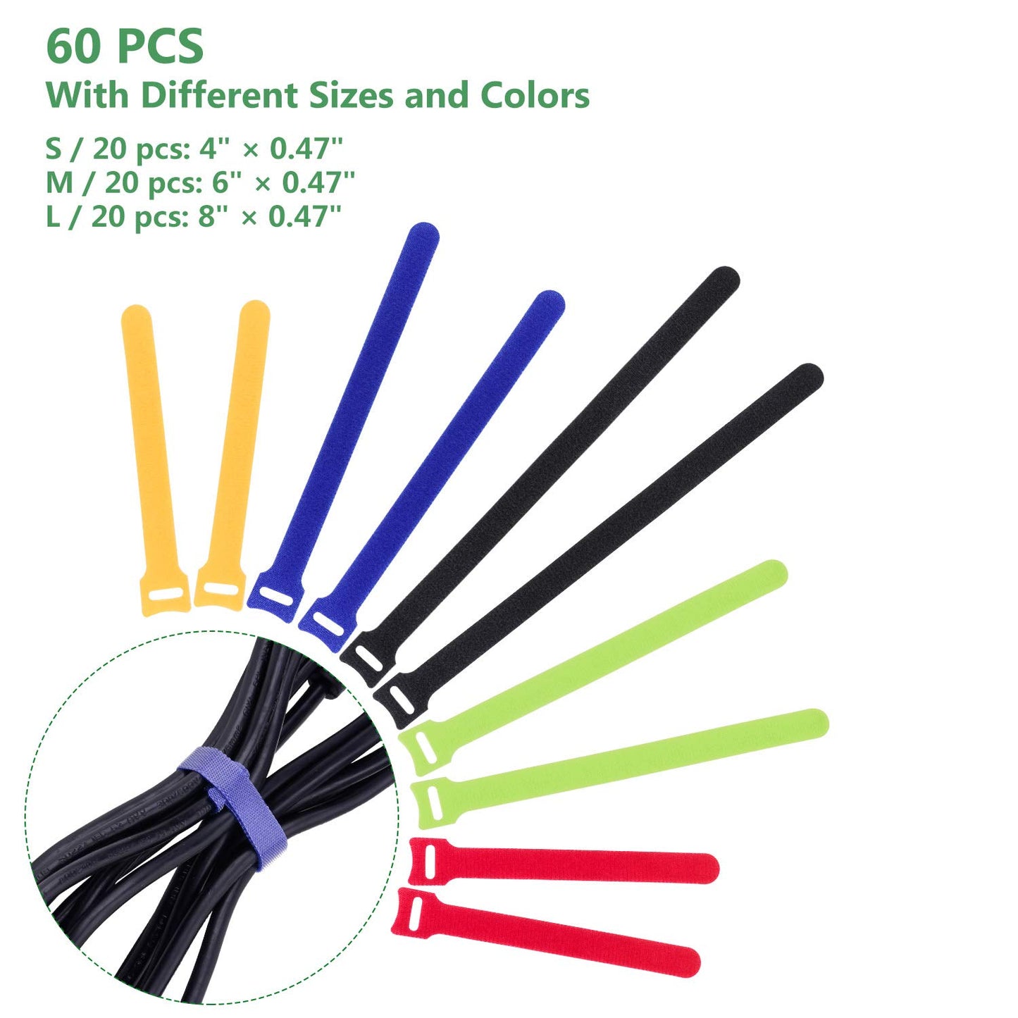 OneLeaf 60 Pcs Reusable Fastening Cable Ties with Hook and Loop, Multi-Purpose Cable Straps Wire Ties Cable Management, Adjustable Cord organizer Ties