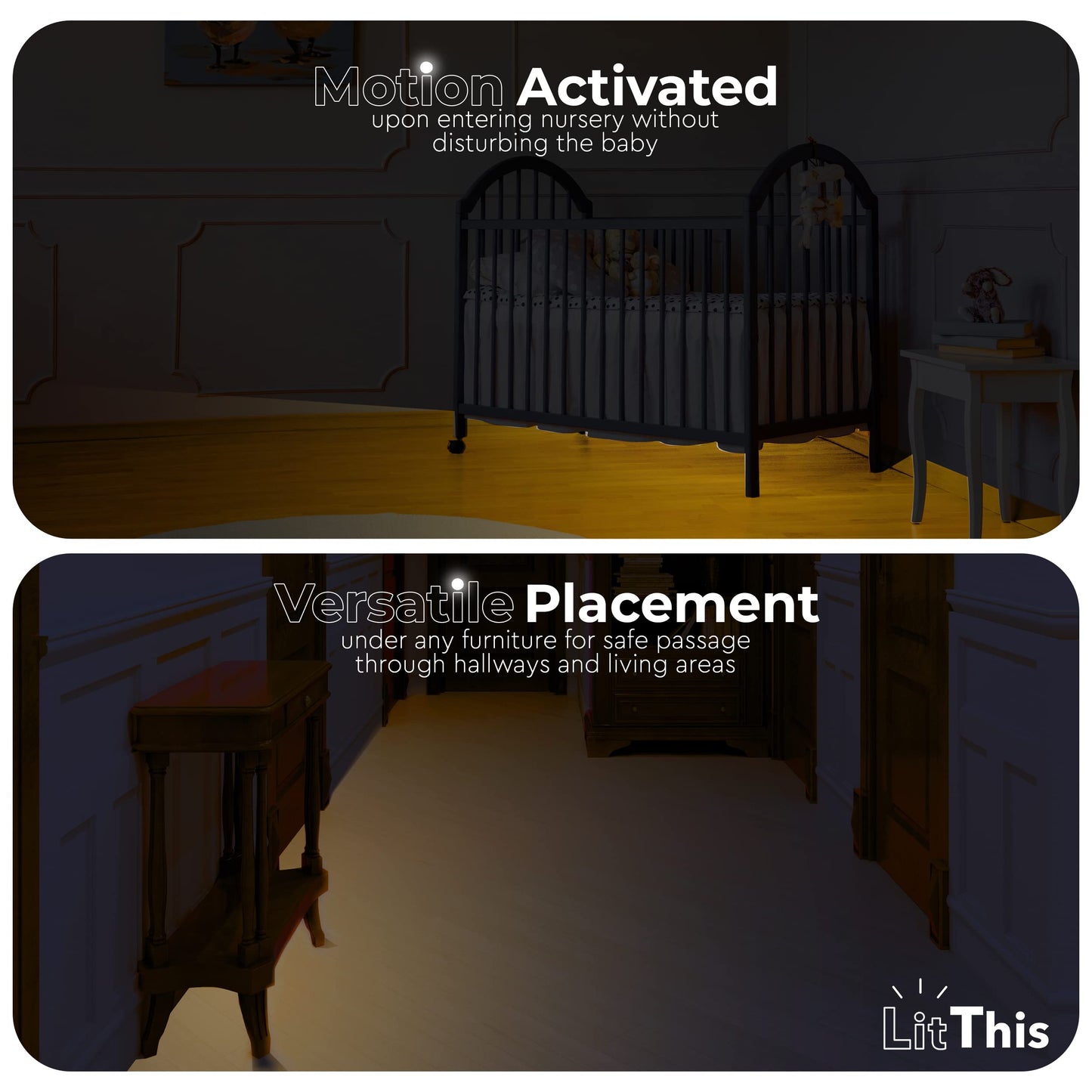 LitThis Under Bed Lights Motion Sensor Patented 360° motion activated night light for under bed light. - No Installation, easily positioned, dimmable