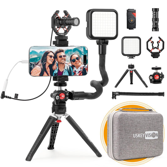 USKEYVISION Smartphone Video Vlogging Kit Metal Microphone Light Tiktok YouTube Podcast Equipment for iPhone 16/15/14 Mini/Pro/Max, Android Smartphone