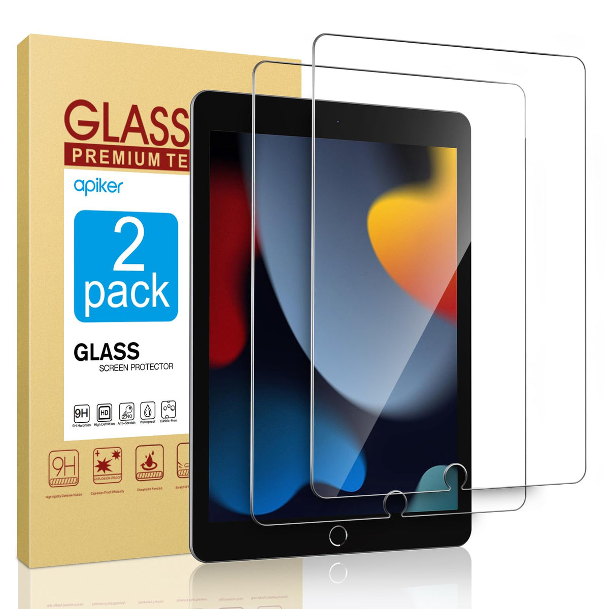 apiker Screen Protector for iPad 9th 8th 7th Generation 10.2 inch 2 Pack