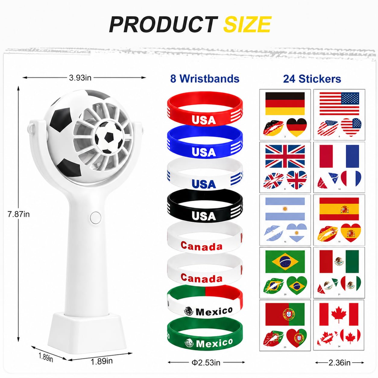 Handheld Fan Kit with Soccer Stickers & Wristbands, Portable Summer Fan
