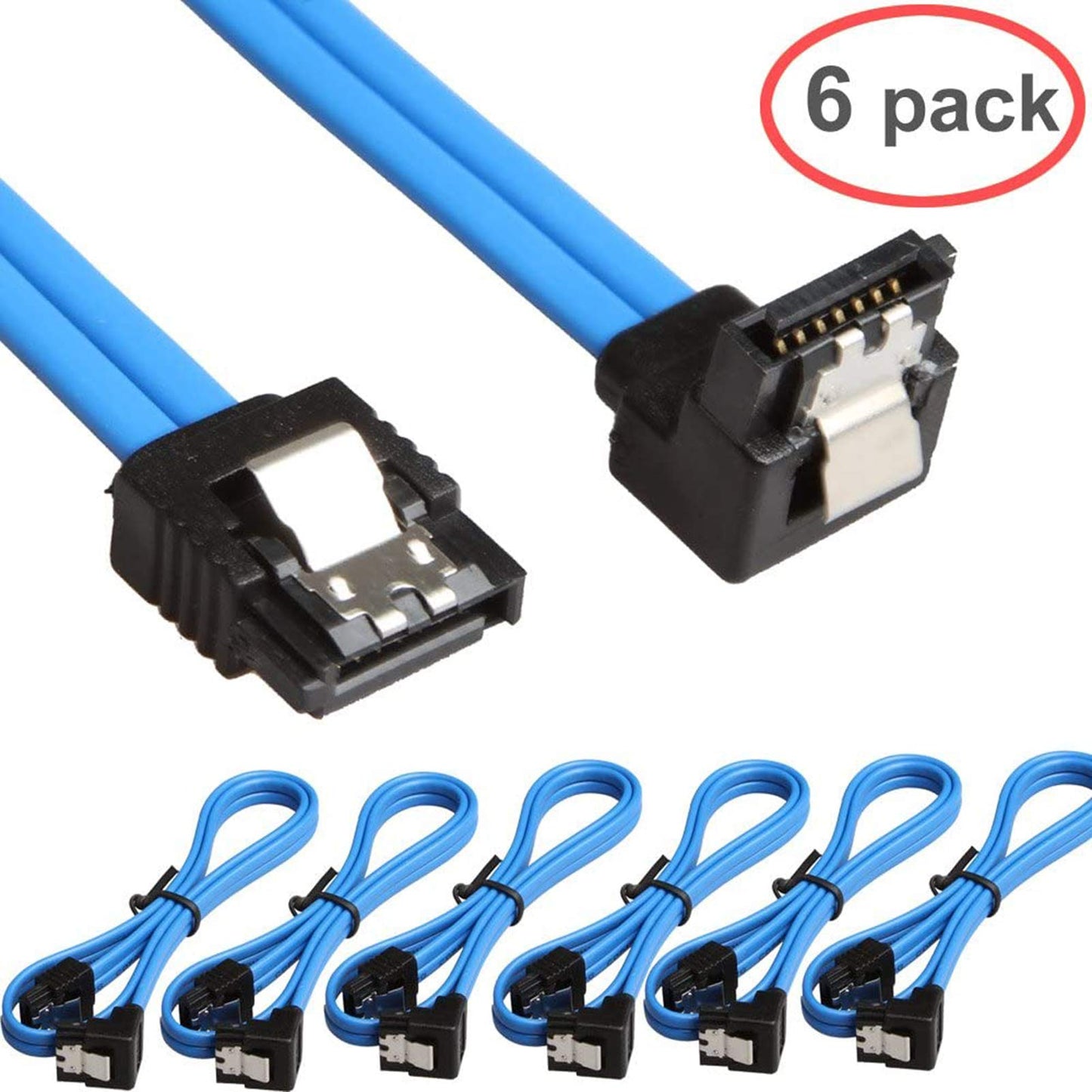 Relper-Lineso 6 Pack 90 Degree Right-Angle SATA III Cable 6.0 Gbps with Locking Latch 18Inch (6X Sata Cable Blue)