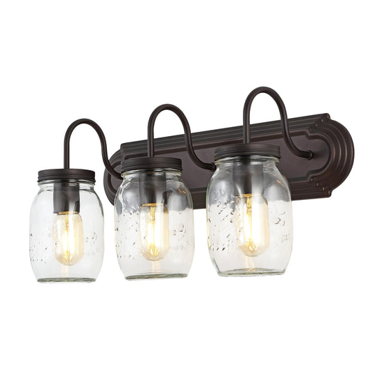JONATHAN Y 19.3" Oil Rubbed Bronze 3-Light Iron and Glass Mason Jar Vanity Light, Farmhouse Industrial Rustic Wall Sconce for Bathroom, UL Listed, LED