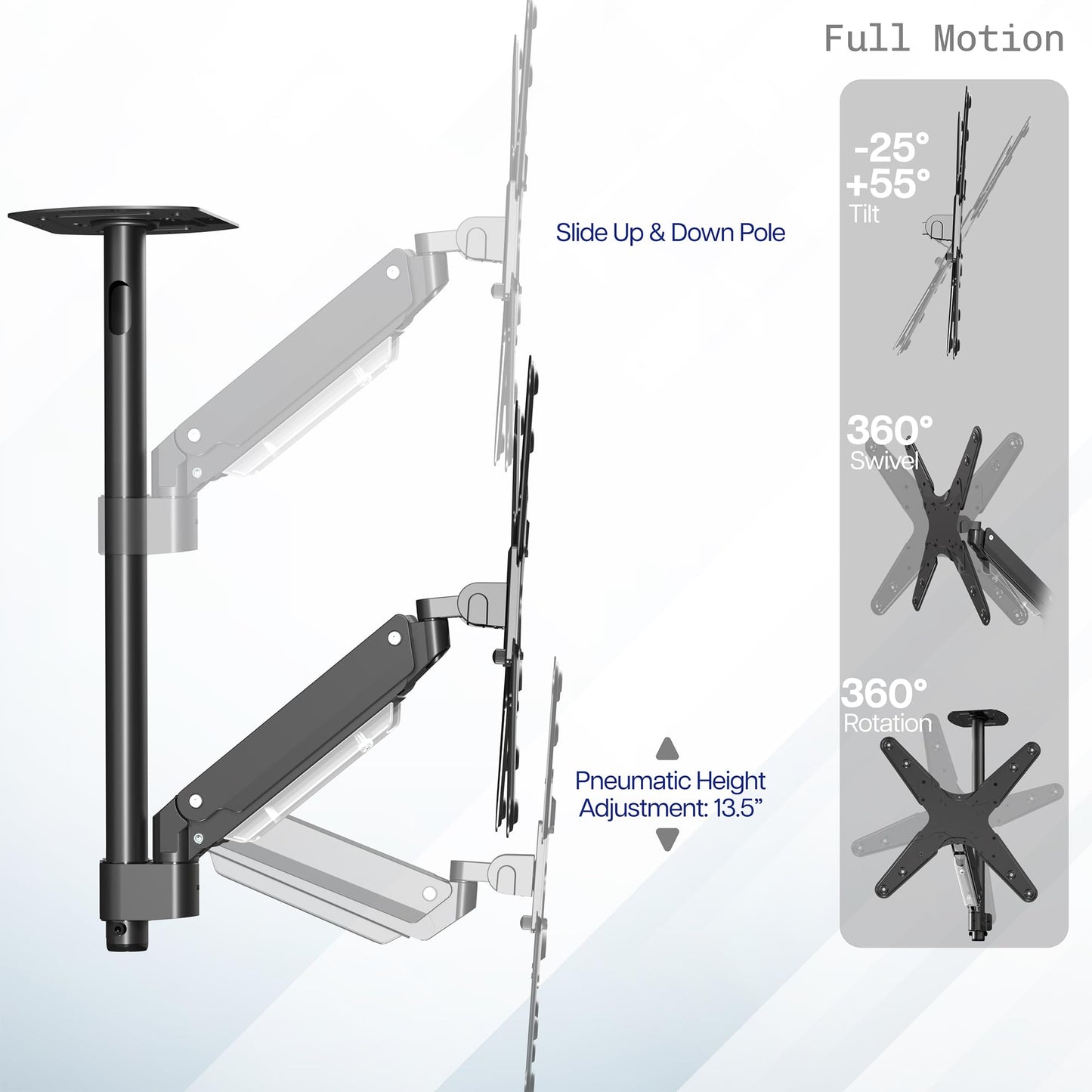 VIVO Heavy Duty Articulating Ceiling TV Mount for 17 to 55 inch Screens, Holds 44 lbs, Swivel and Pneumatic Height Adjustment, Max VESA 400x400