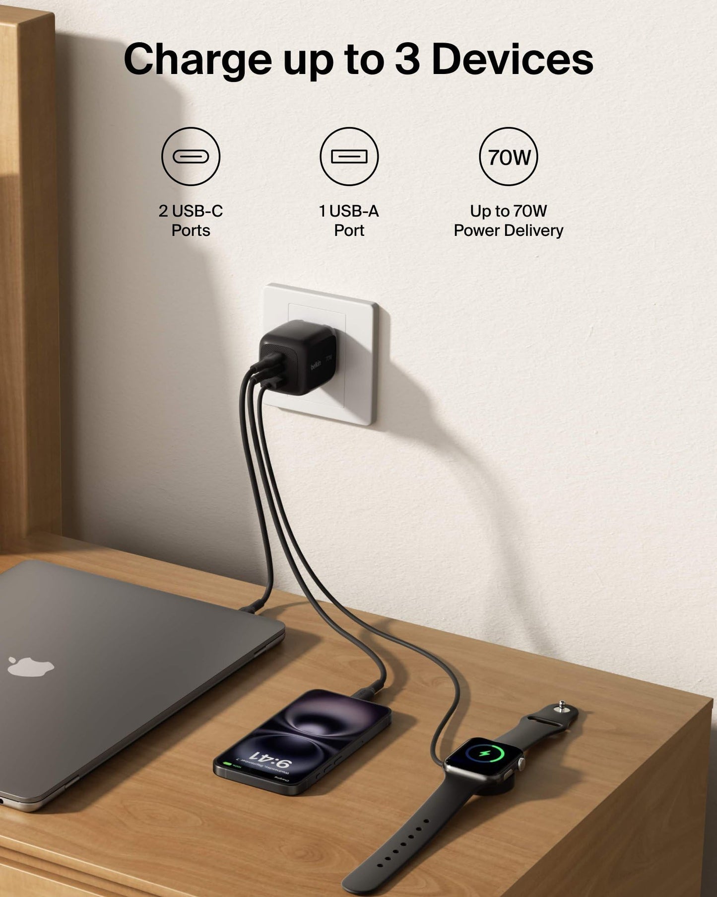 Belkin 3-Port USB C Charger Block 70W, Multi-Port GaN Wall Charger w/ 2X USB C Ports & 1x USB A Port, Fast Charging for MacBook, iPhone 17, iPad Pro