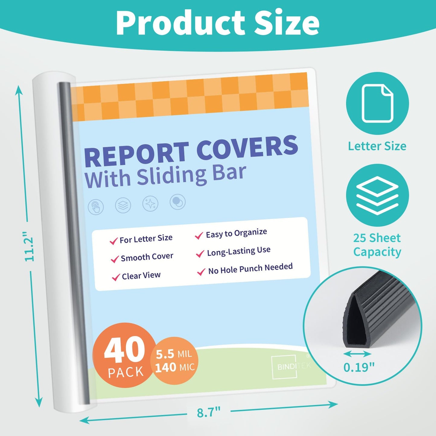 Binditek Clear Report Covers with Sliding Bars, 25 Sheet Capacity, 40 Pack