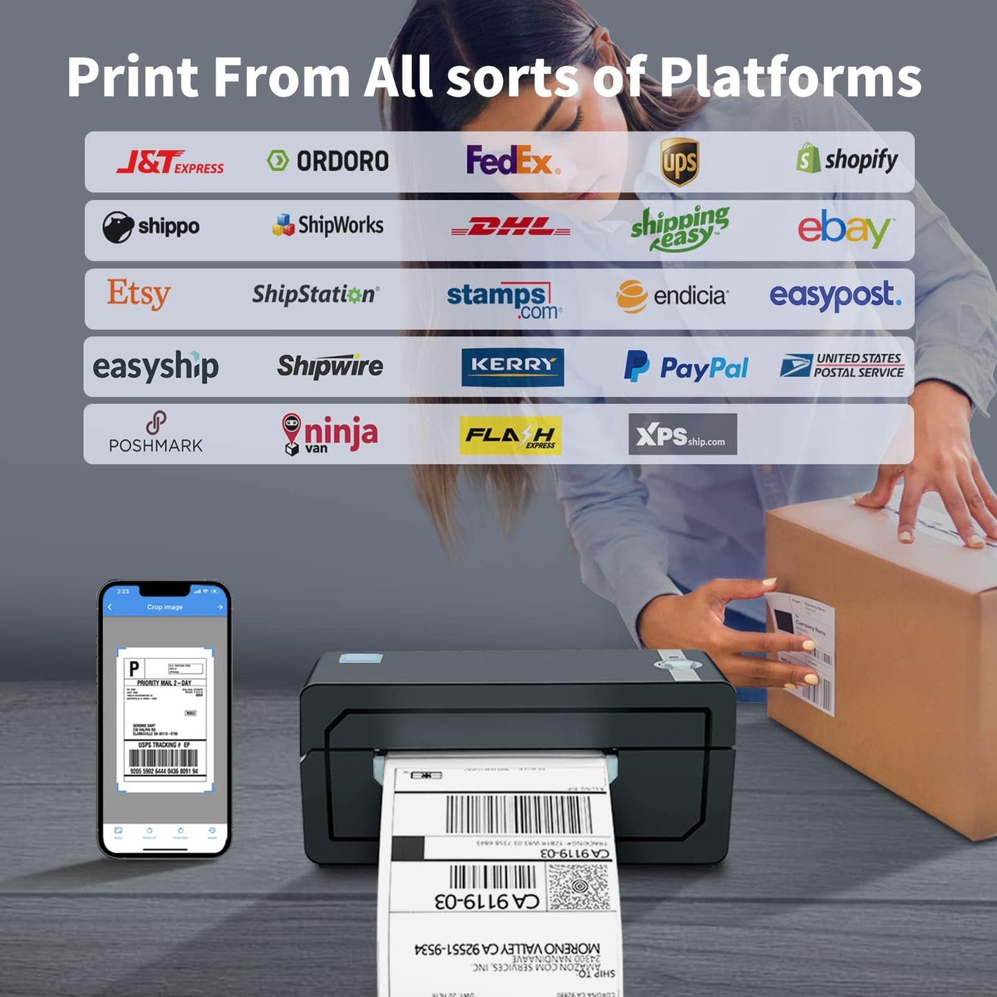 JADENS Bluetooth Thermal Shipping Label Printer - Wireless 4x6 Shipping Label Printer, Compatible with Android, iPhone, Windows & Mac, Widely Used