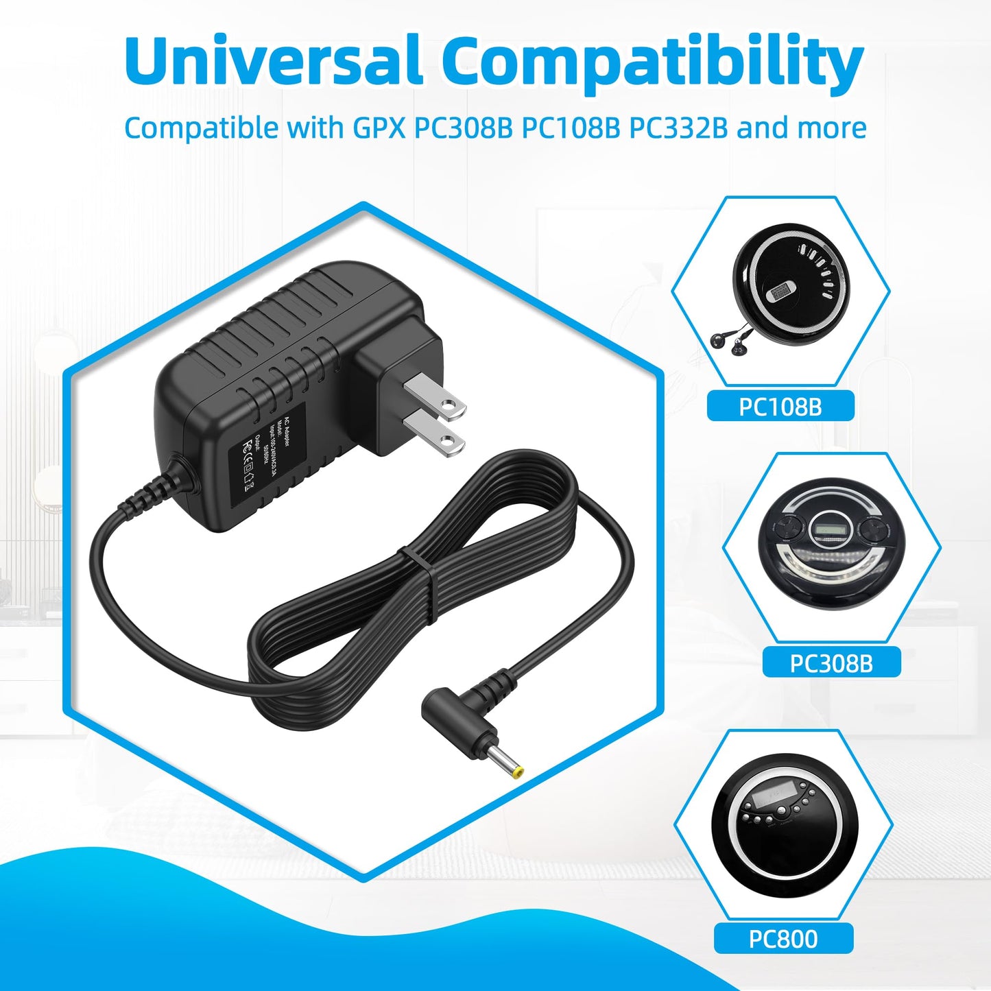 PK Power Ac Dc Adapter for GPX PC308B PC108B PC332B PC800 PC800B PC101B A03783 Portable Compact Disc CD Player Replacement Power Supply Cord