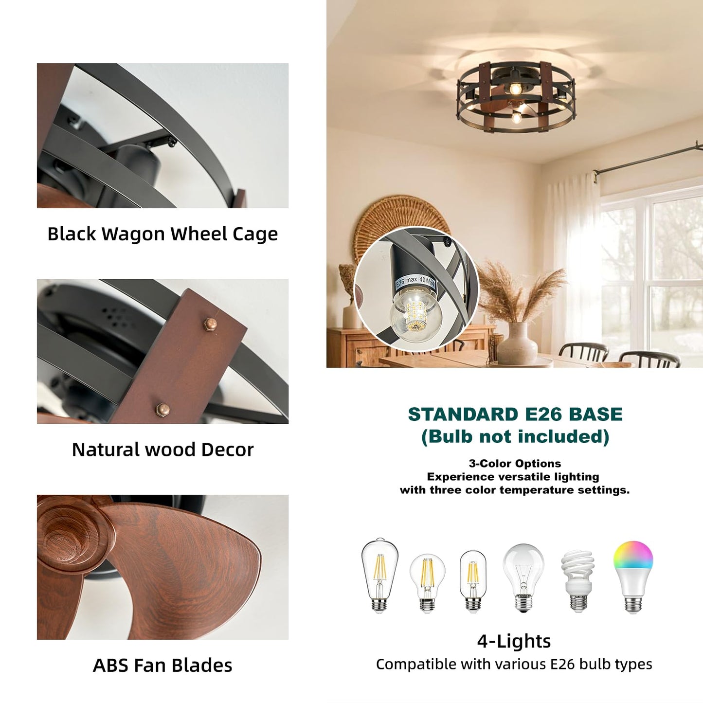 HSMKL Rustic Caged Bladeless Fandelier Farmhouse Ceiling Fan with Light, 19.7" Low Profile Wood Ceiling Fan, 6-Speed Reversible Quiet Motor, Remote