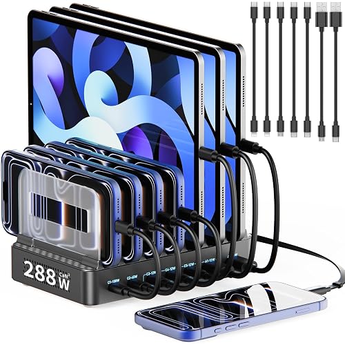 288W Charging Station for Multiple Devices, 8-Port Multi USB C Fast Charger Station Dock with Adjustable Dividers & 7 Cables,Multi-Purpose Desktop