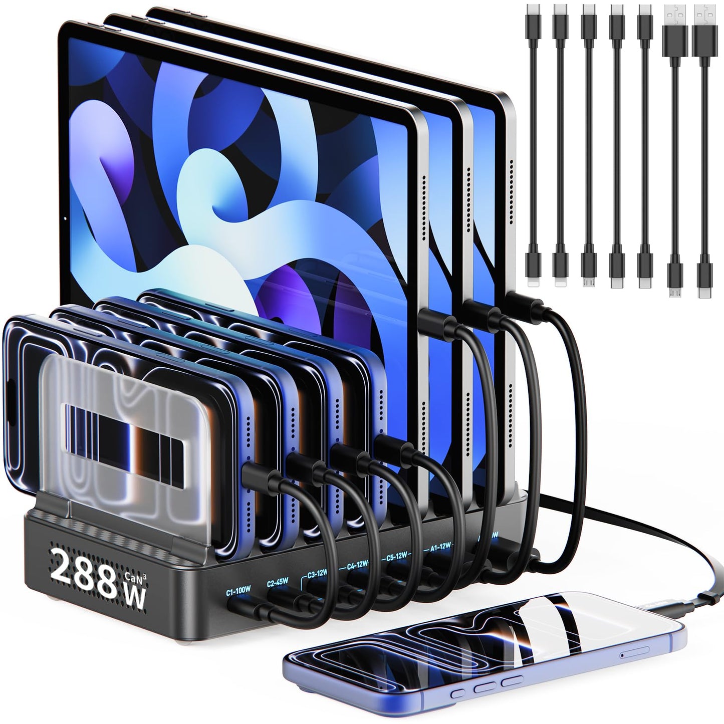 288W Charging Station for Multiple Devices, 8-Port Multi USB C Fast Charger Station Dock with Adjustable Dividers & 7 Cables,Multi-Purpose Desktop