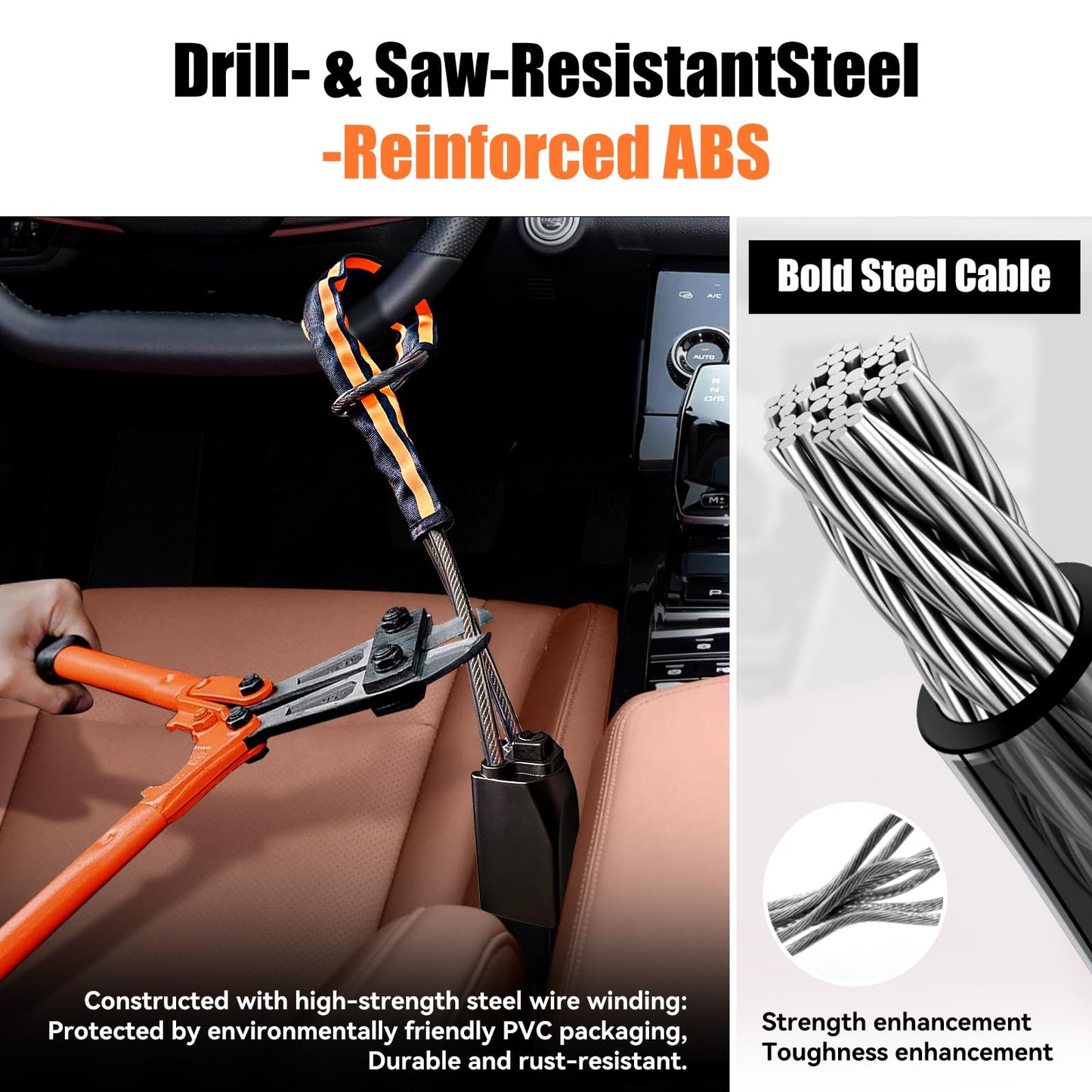 NINGFIST Steering Wheel Lock Anti-Theft Device, Heavy Duty Car Security Vehicle Lock with Keys, Universal Fit Adjustable Bright Orange Black for Cars