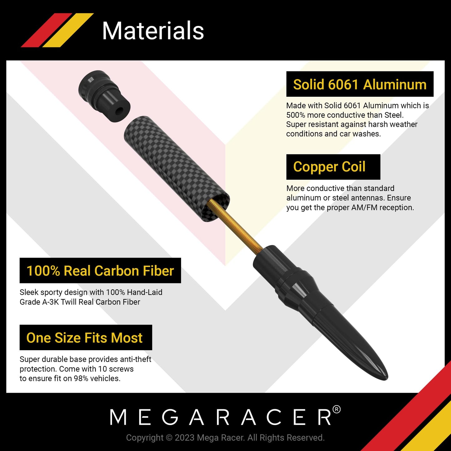 Mega Racer 50 Cal Bullet Antenna - Black Carbon Fiber 5.5 Inch AM/FM Compatible Universal Fit for Truck, Solid Aluminum with Anti-Theft Design and Car