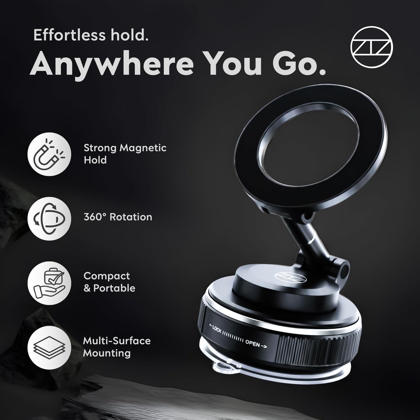 Heavy Duty Magnetic Phone Holder Vacuum Suction Mount Foldable, 360° Adjustable, Car/Office/Gym - Dashboard, Windshield, Window, Mirror, Universal